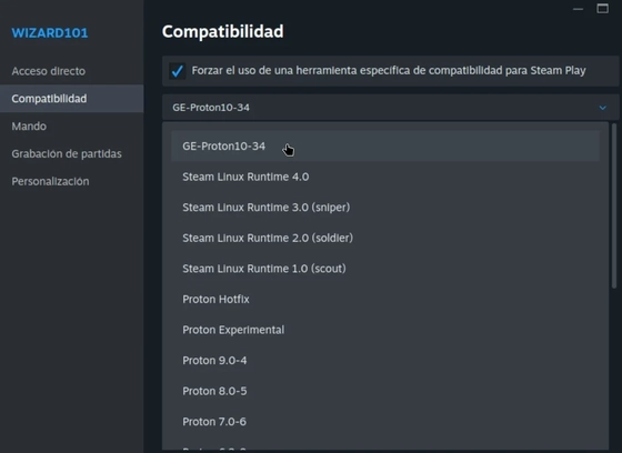 Menú de Compatibilidad de Steam con las versiones de Proton