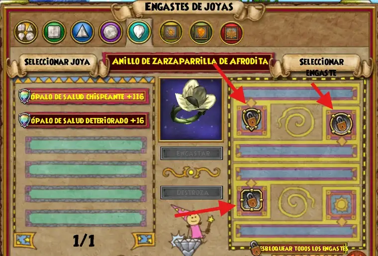 Ejemplo de equipamiento (anillo) en la interfaz de engastes de joyas