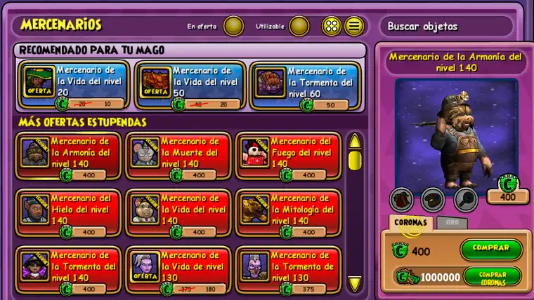 Mercenarios de nivel 140 en la tienda de coronas de Wizard101