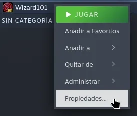 Botón de Propiedades de Wizard101 en Steam