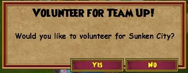 Pantalla de voluntarios de en equipo para Ciudad Sepultada de Wizard101