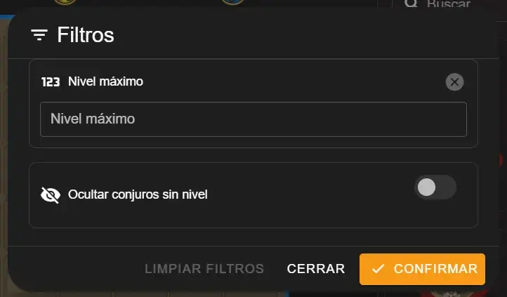 Filtros del constructor de barajas
