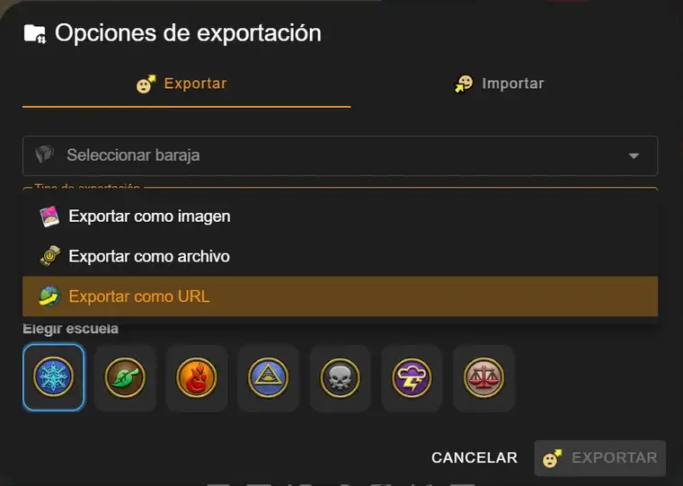 Opciones de exportación de barajas