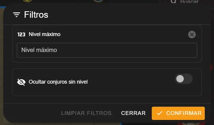 Filtros del constructor de barajas