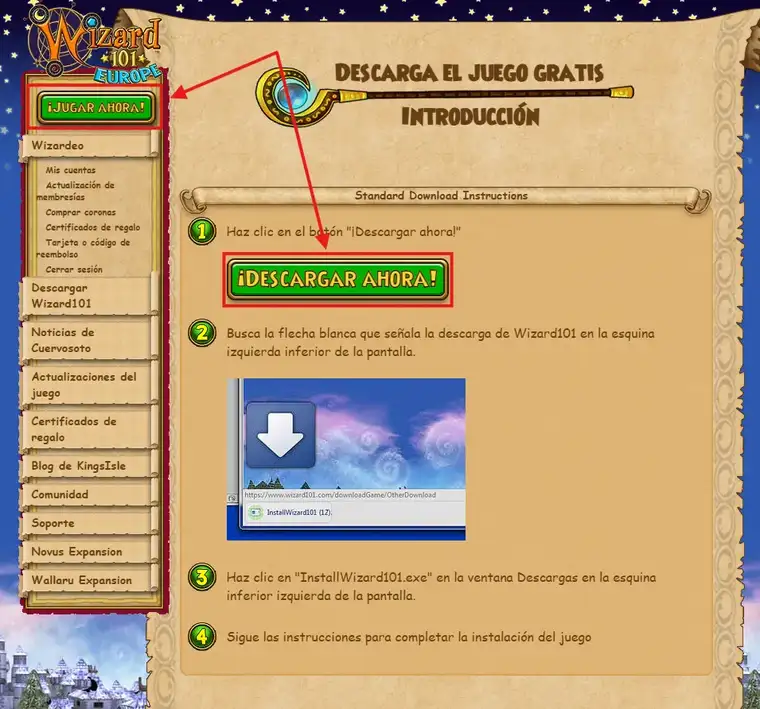 Instrucciones de instalación de Wizard101 EU