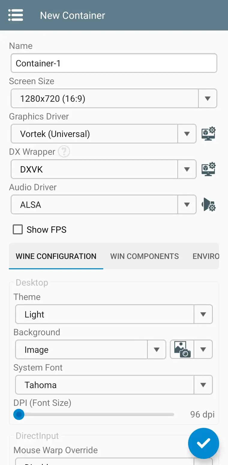 Pantalla de creación del contenedor de Winlator