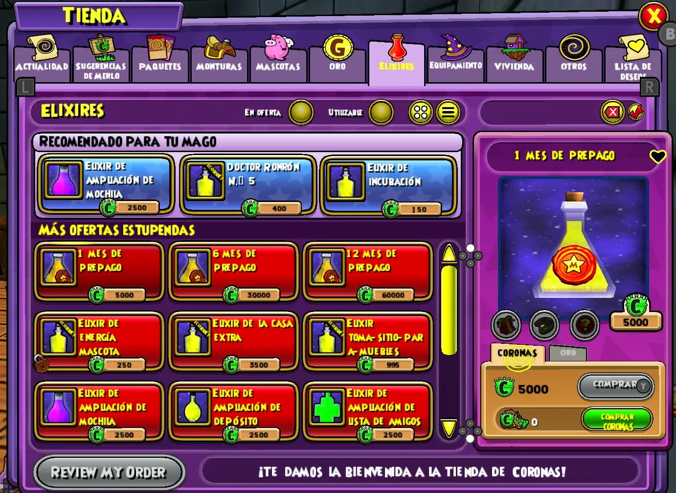 Elixires de Club Wizard101 en la Tienda de Coronas de Nintendo Switch