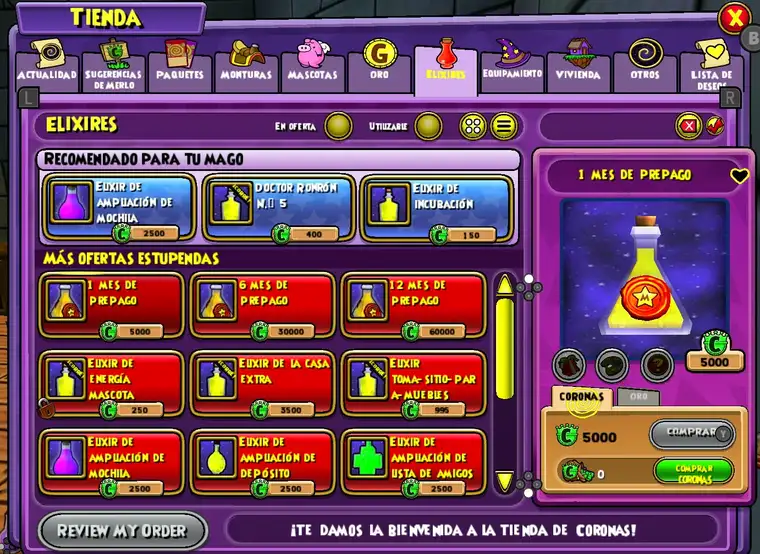 Elixires de Club Wizard101 en la Tienda de Coronas de Nintendo Switch
