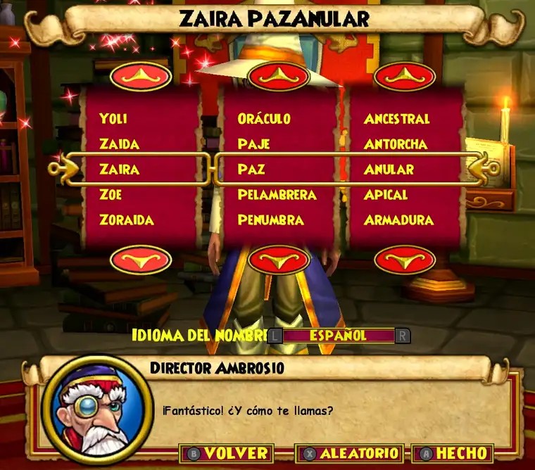 Selector de idioma en la pantalla de creación de personajes de la versión de Nintendo Switch de Wizard101