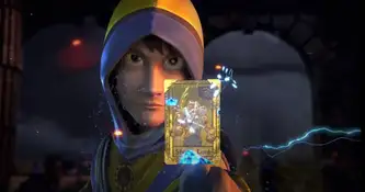 El espiritista del anuncio de Wizard101 lanza la carta príncipe de la tormenta contra Malistaire