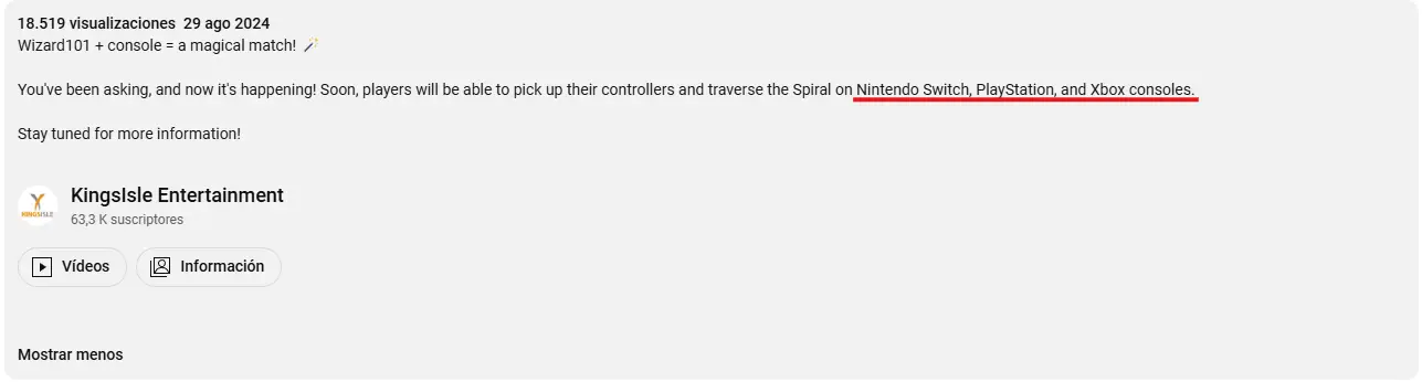Descripción del vídeo del anuncio de Wizard101 en consolas, señalando en rojo la parte de Nintendo Switch, PlayStation y Xbox